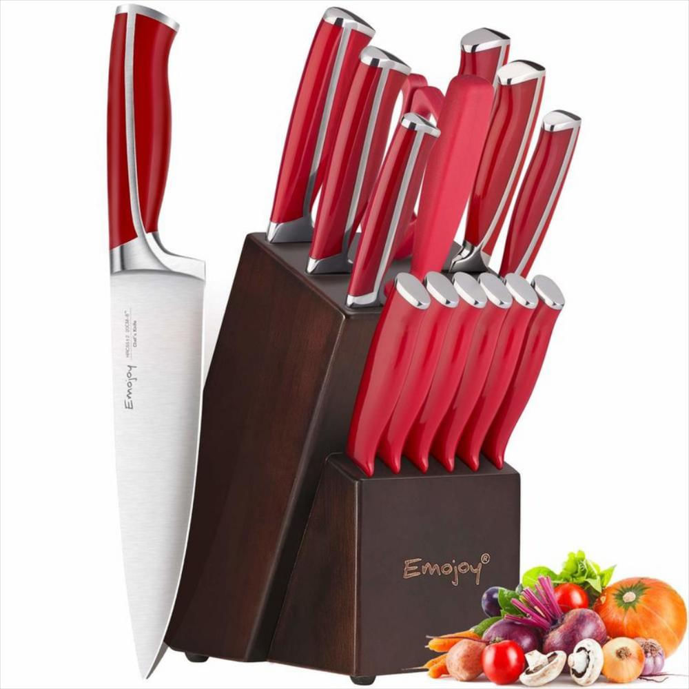 Emojoy Juego de cuchillos de cocina, juego de cuchillos para cocina con  bloque, 6 piezas de acero inoxidable de alto carbono, mango de madera,  juego