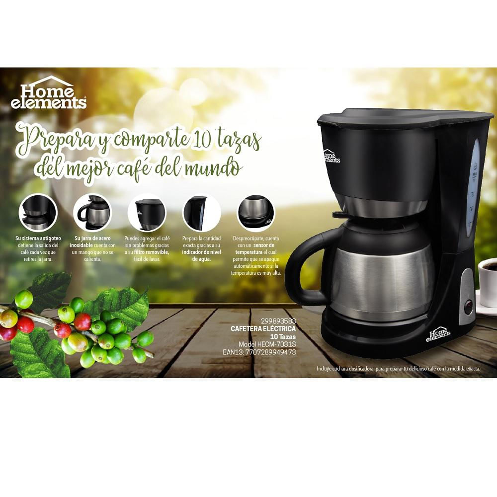 Cafetera Eléctrica 10 Tazas - Home Elements - Jarra en Acero