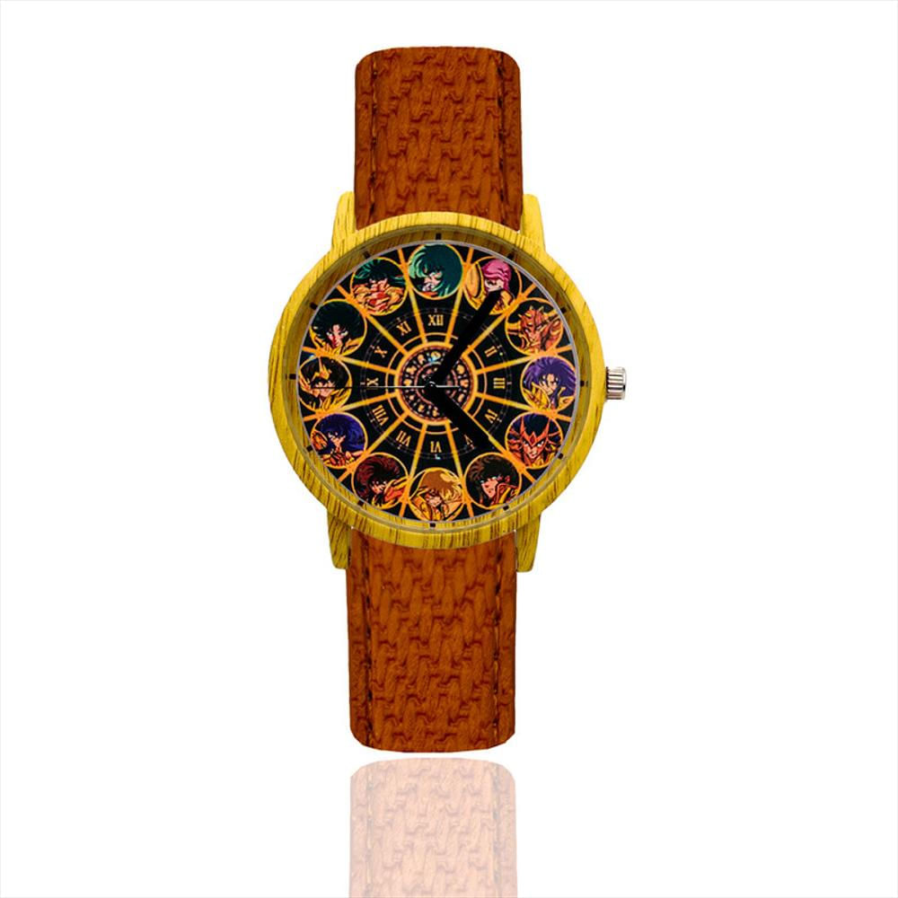 Reloj Caballeros Del Zodiaco Estilo Madera Marron Oscuro