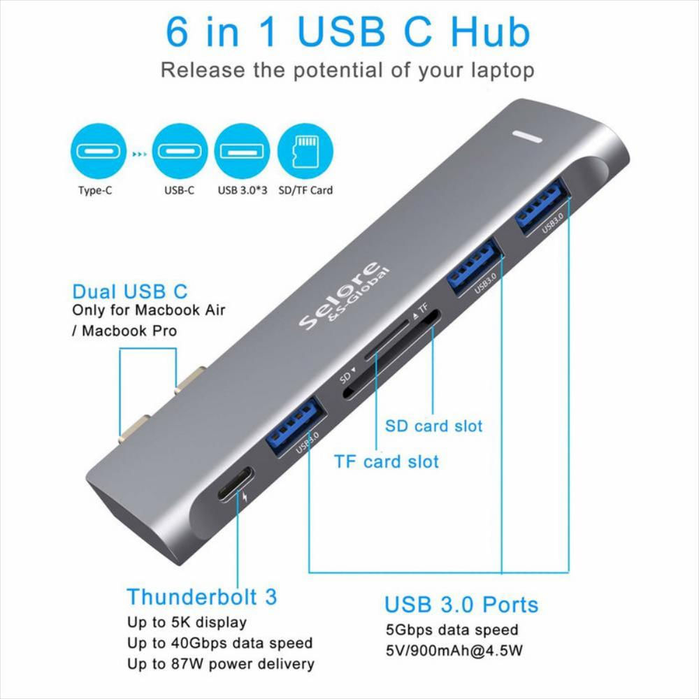 Hub USB C 6 en 1 Thredo - USB C, USB 3.0, lecteur de carte SD/TF
