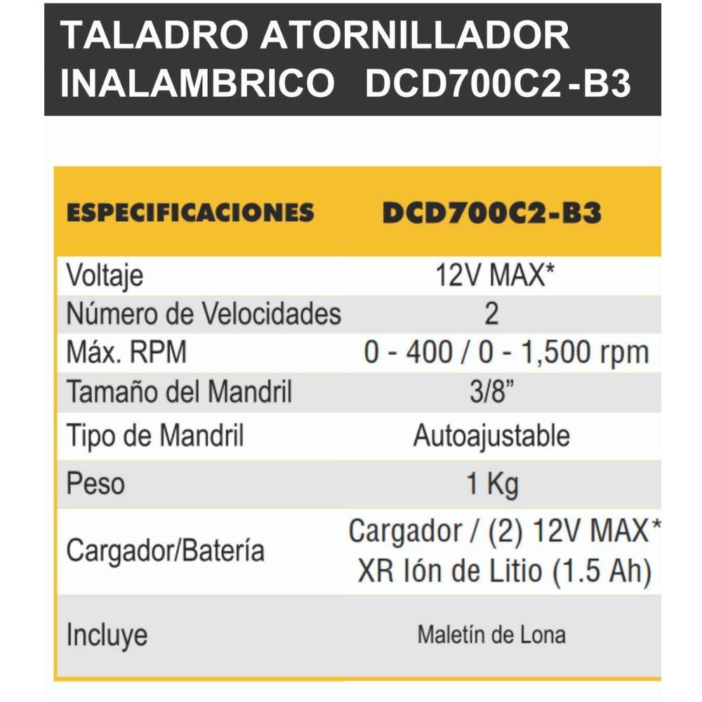 Taladro Atornillador de 3/8 12 V Inalámbrico DCD700C2-B3 DEWALT