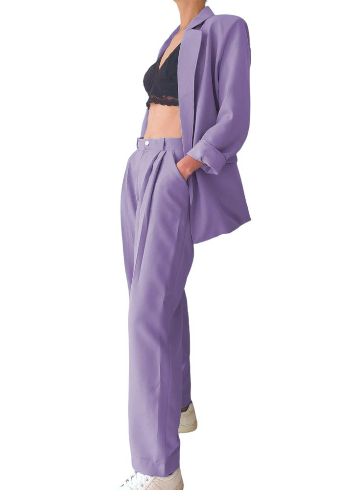  Conjunto de pantalones superiores casuales sólidos de dos piezas  para mujer, traje deportivo de manga larga, pantalón de vestir para mujer,  color morado : Belleza y Cuidado Personal