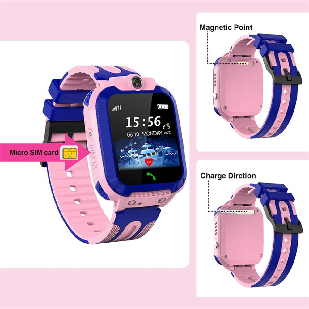 T28 - Reloj inteligente 4G rosa para niños, camuflaje resistente al agua  para niños y niñas, con rastreador GPS y tarjeta SIM, chat de voz y video