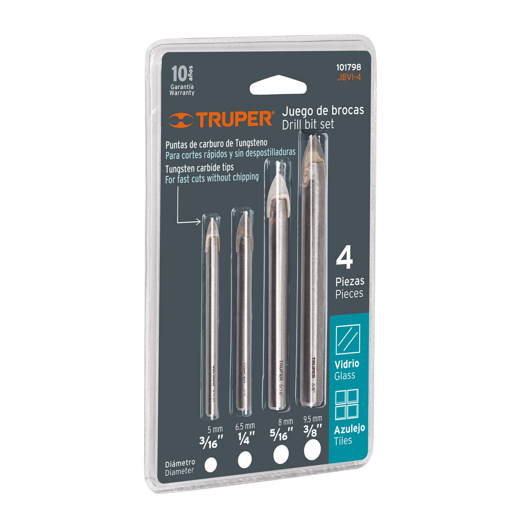 Juego De 4 Brocas Carburo De Tungsteno Para Vidrio Y Azulejo Truper img #1