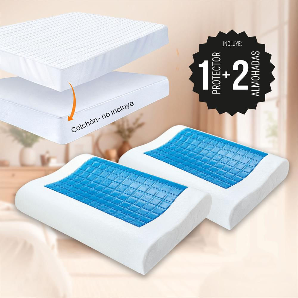 Combo: Protector Colchón Algodón Doble + 2 Almohadas Gel Ortopédica-1752238760377