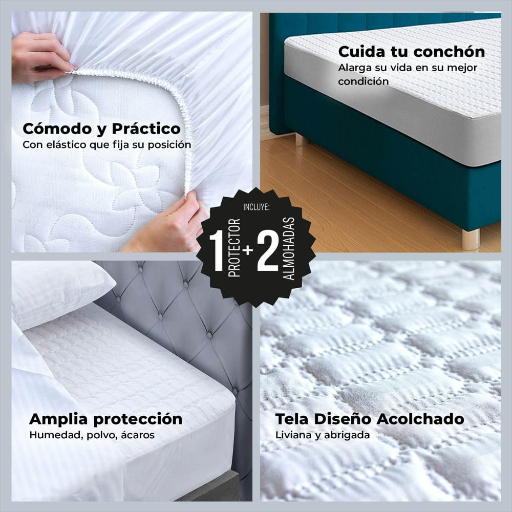 Combo: Protector Colchón Algodón Doble + 2 Almohadas Gel Ortopédica-1752238762948