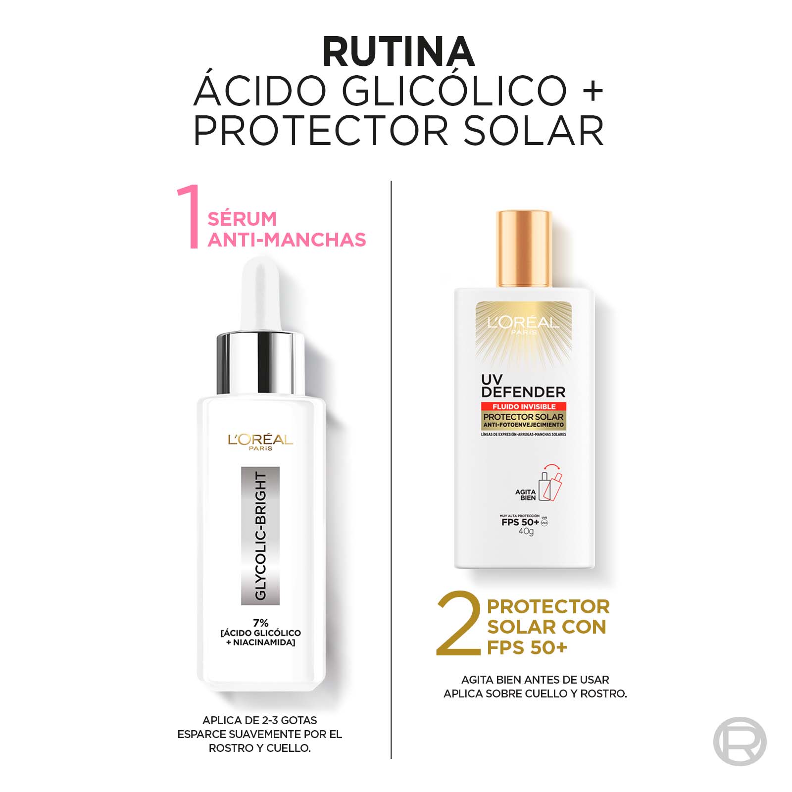 Pack LOreal Paris Serum Rostro Ácido Glicólico + Protector Solar UV Defender Fluid img #3