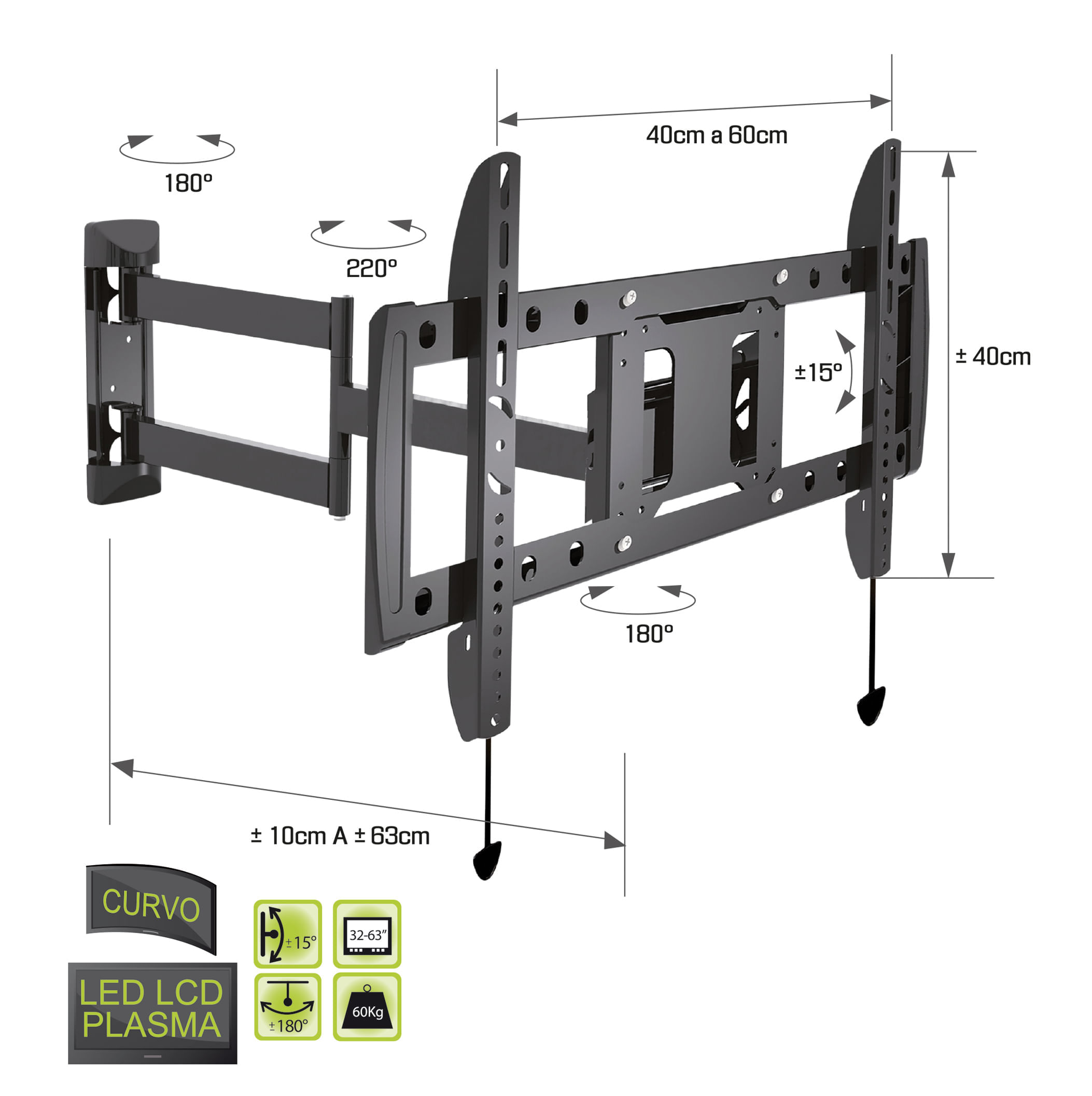 Soporte de Pared Extensible Doble Brazo Tezzio para TV LED, LCD, Curvos y Plasma (32" - 63") img #5