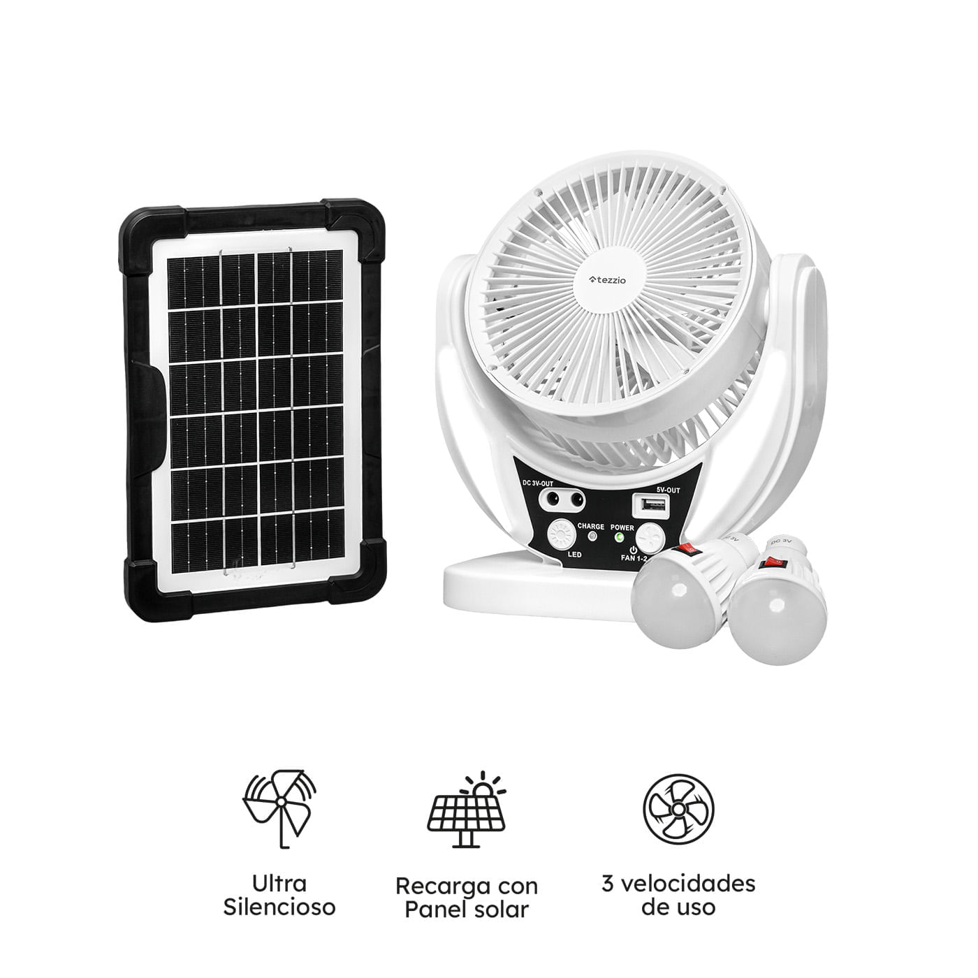 Ventilador de Mesa Recargable 6” con Panel Solar, Bombillos DC y Puerto USB – 15W img #7