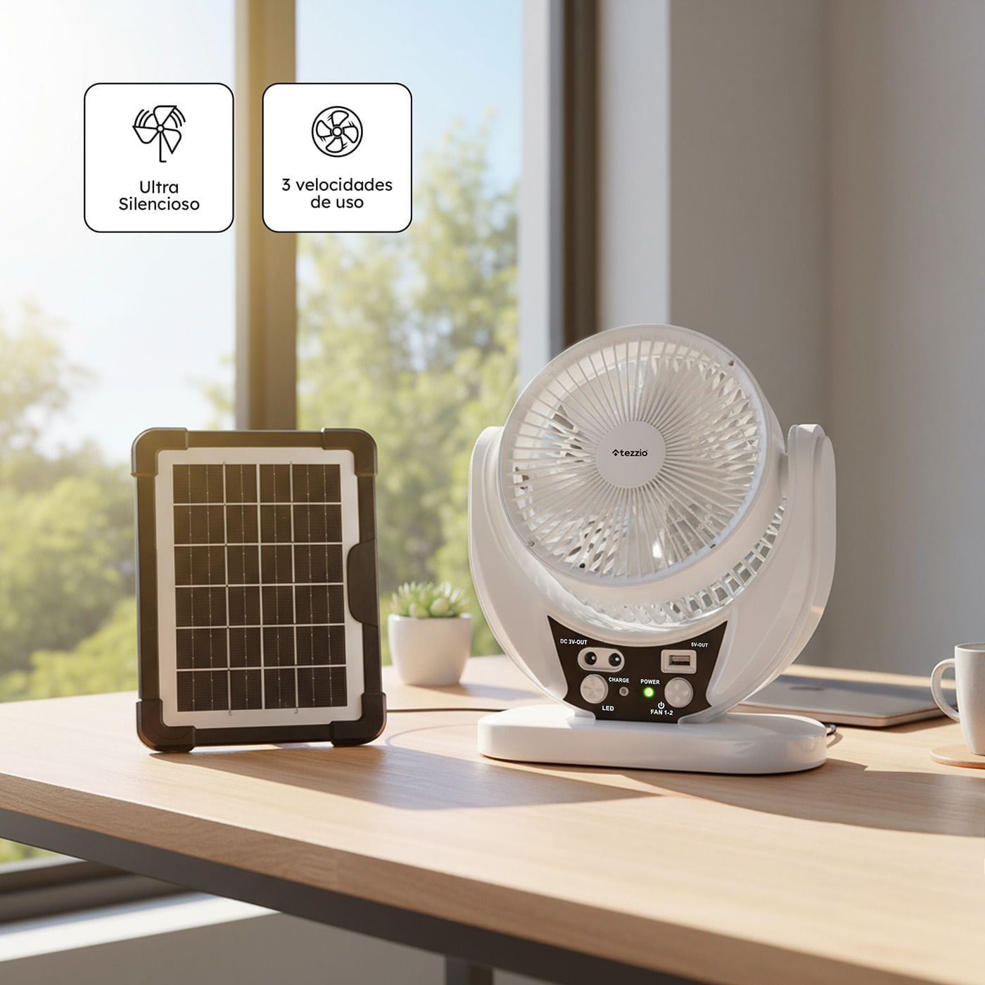 Ventilador de Mesa Recargable 6” con Panel Solar, Bombillos DC y Puerto USB – 15W img #2