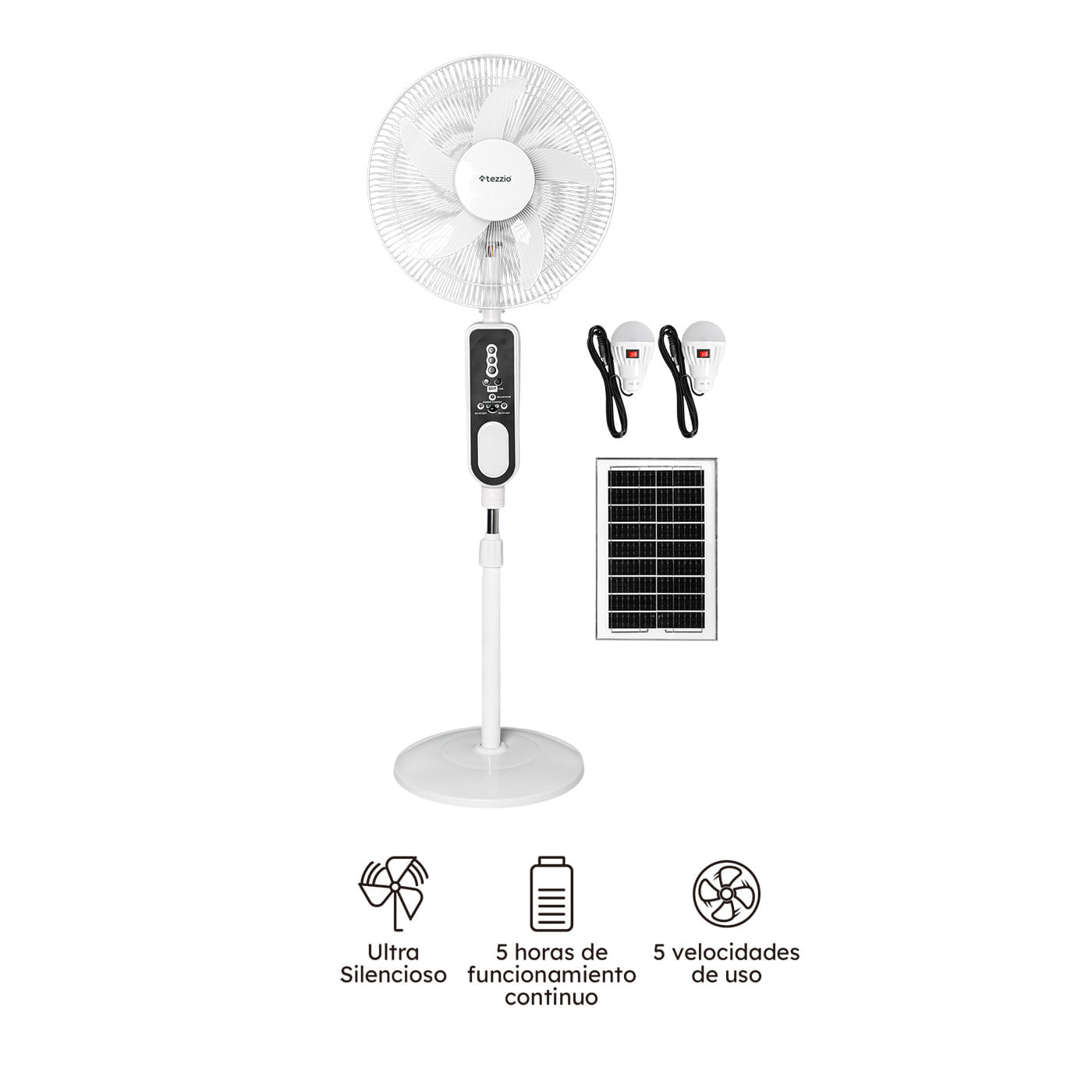 Ventilador 3 en 1 Recargable 16” Tezzio – Pared, Mesa y Pedestal, LED, USB, Panel Solar img #6