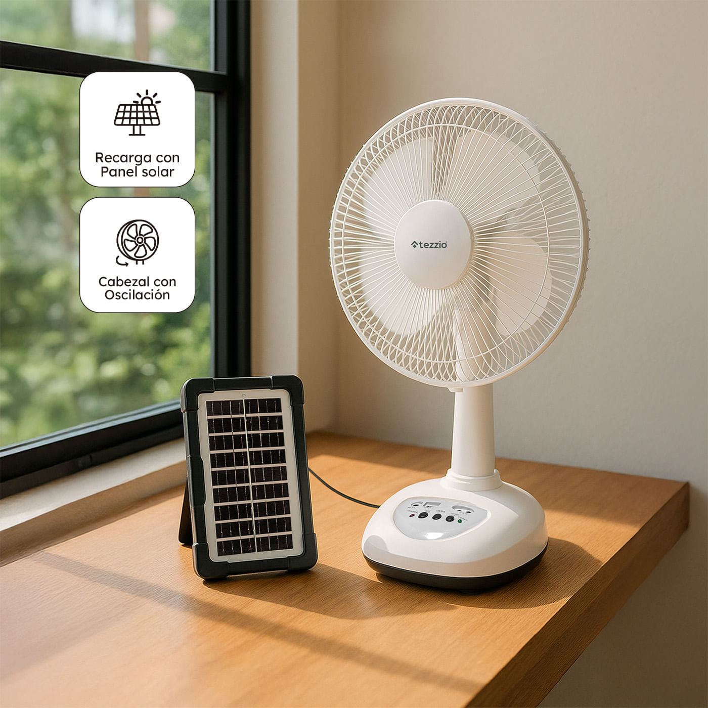 Ventilador de Mesa Recargable 12” con Panel Solar, Bombillos LED y Puerto USB – 35W img #2