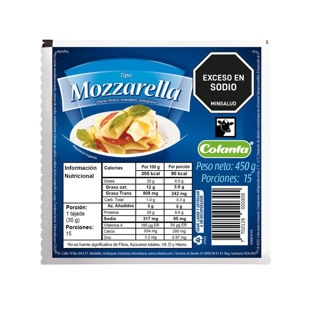 Queso mozzarella COLANTA fresco semiduro semigraso (450  gr) img #1