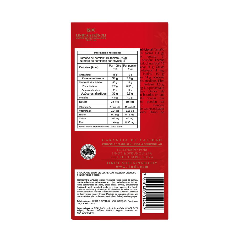 Barra de chocolate LINDT milk irresistible (100  gr) img #2