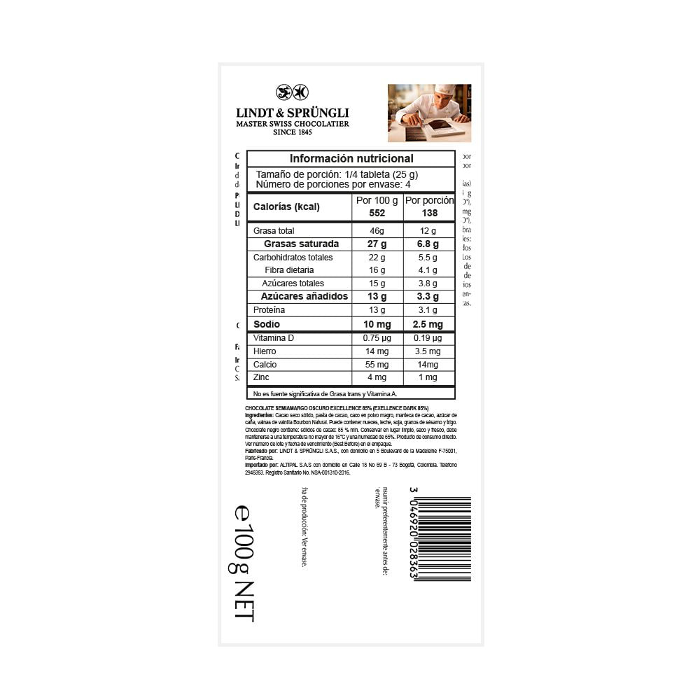 Barra de chocolate LINDT amargo 85% cocoa (100  gr) img #2