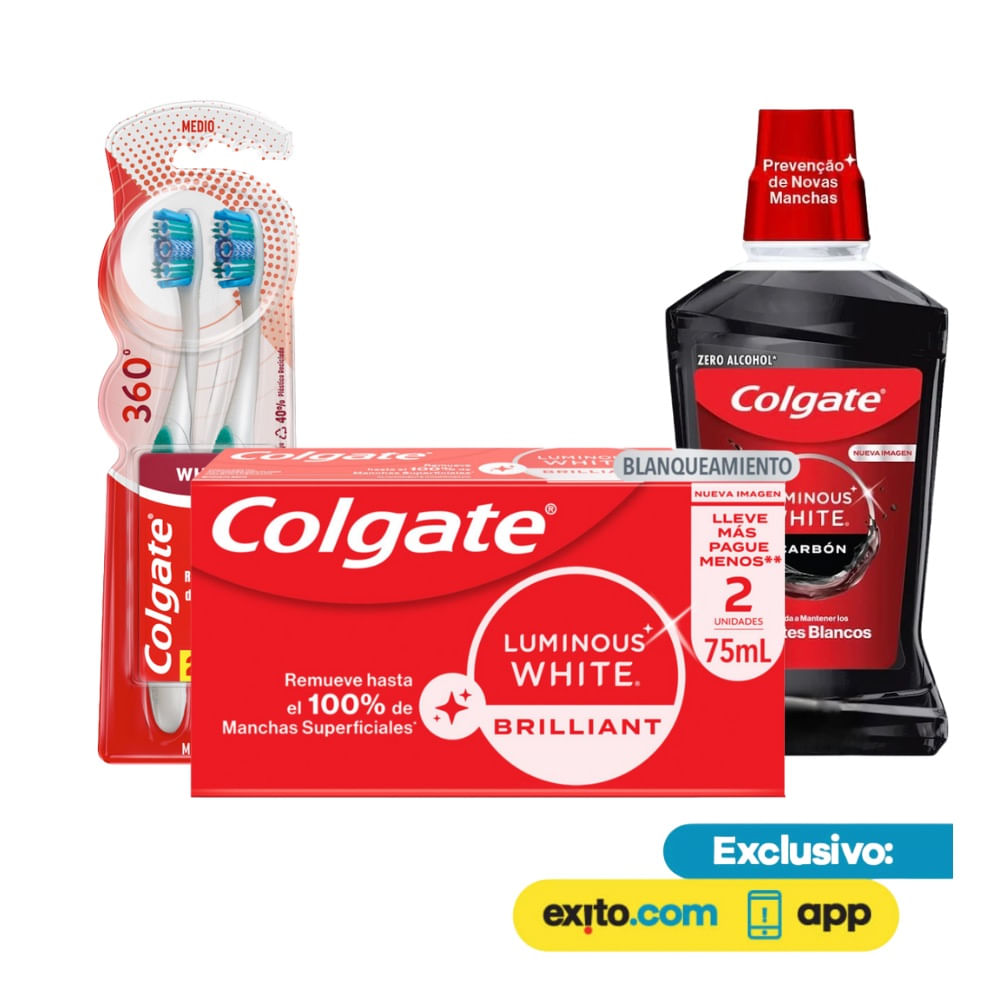 Combo Crema Dental+Cepillo de Dientes+Enjuague Bucal Colgate Luminous White img #1