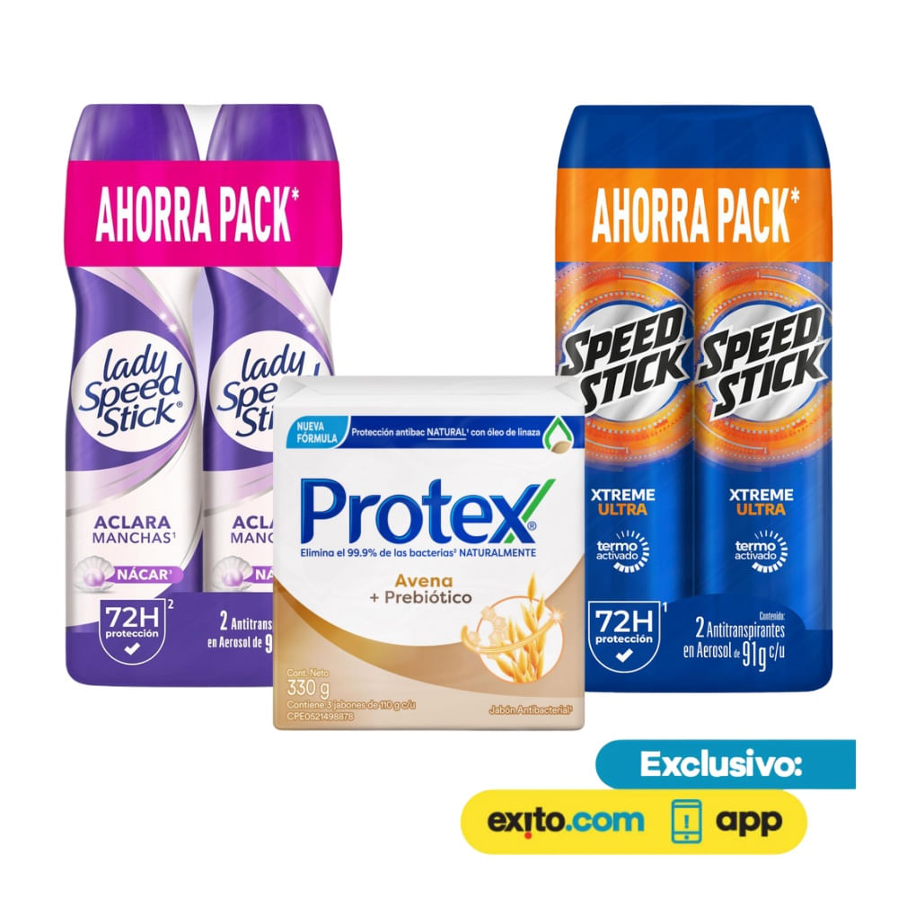 Combo Jabon Protex x3+Desodorante Lady Speed Stick Spray x2+Speed Stick Xtreme Ultra Spray x2 img #1
