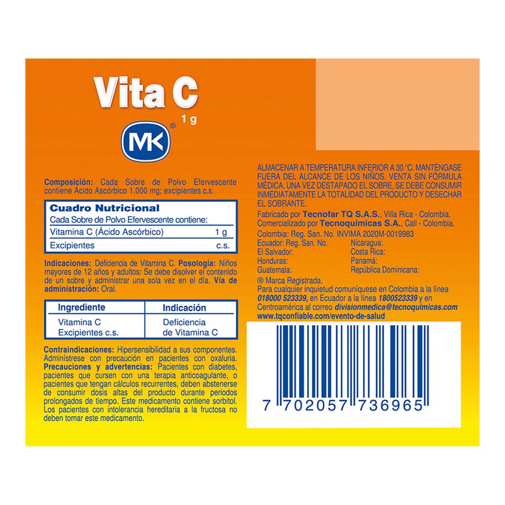 Suplemento vitamínico  VITAMINA C MK efervescente sobres sabor naranja (10  und) img #4