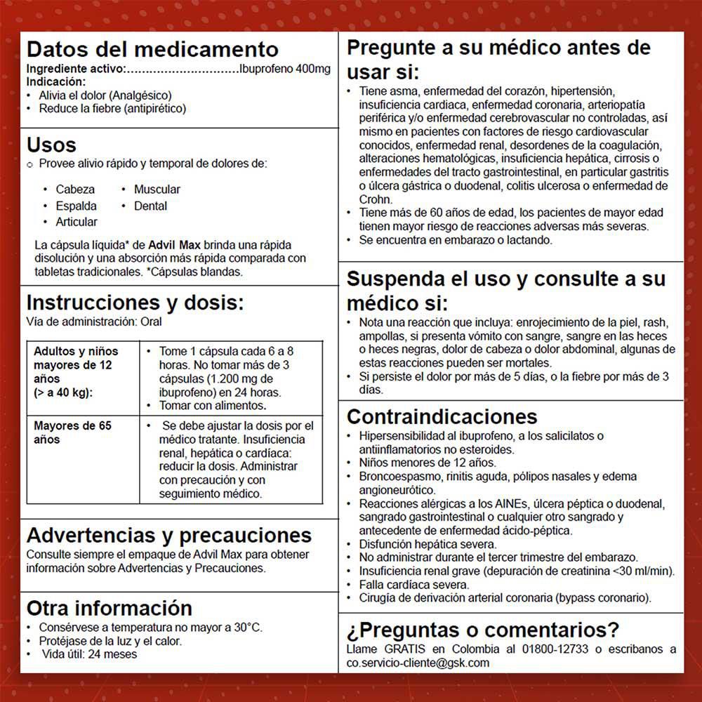 Cápsulas ADVIL ibuprofeno max dolores fuertes (10  und) img #6