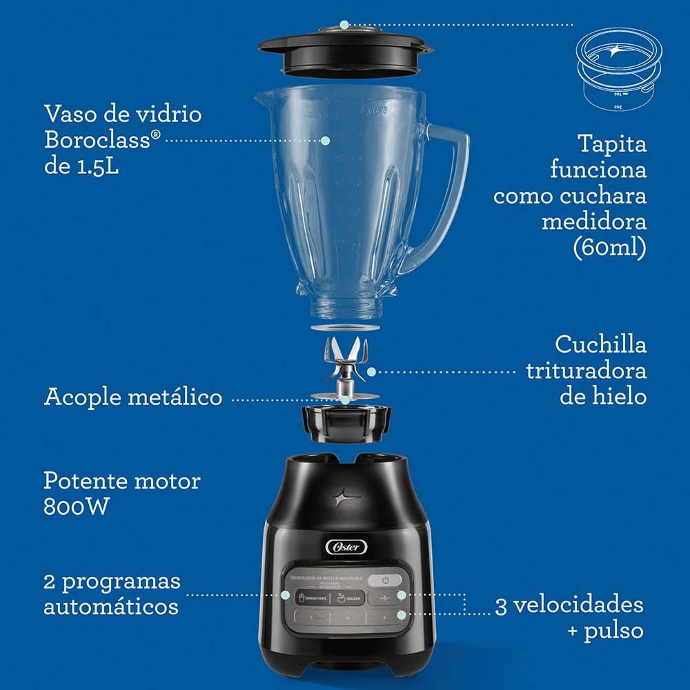 Licuadora Oster Tecnología Reversible Vaso de Vidrio BLSTPEGBRT Negro img #12