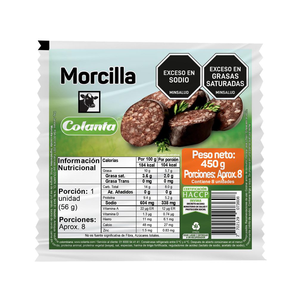 Morcilla COLANTA 8 porciones aproximadamente (450  gr) img #1