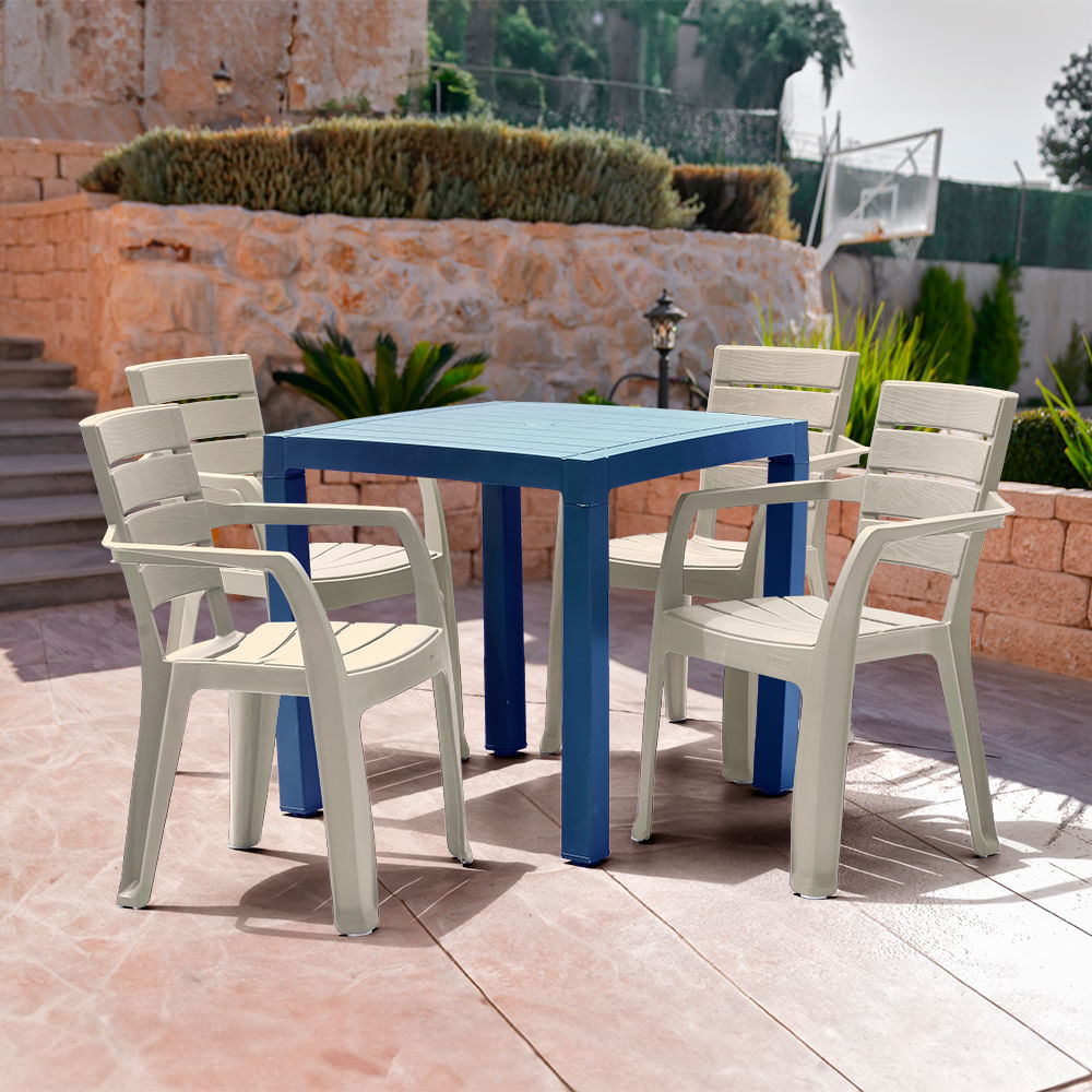 Combo Comedor Barú Trendy 1 Mesa  Azul  4 Sillas Con Brazos Taupe img #1