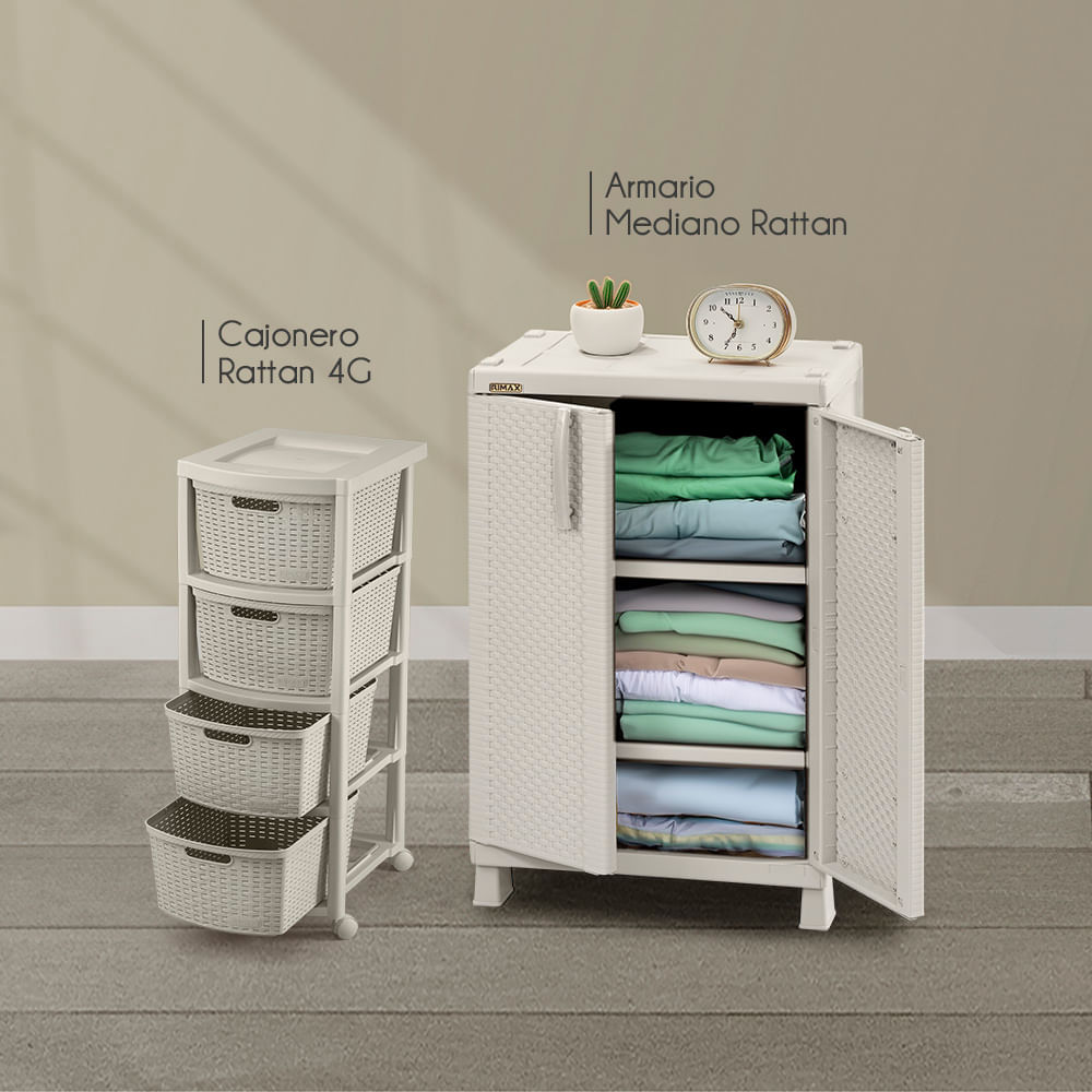 Combo Alcoba Armario Mediano Apariencia Rattan  Cajonero Apariencia Rattan 4 Gavetas Altas Taupe img #1