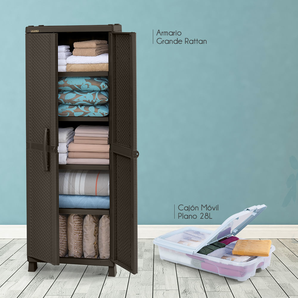 Combo Organizador Rattan Armario Grande  Cajón Móvil Plano 28 Litros  Wengue img #1
