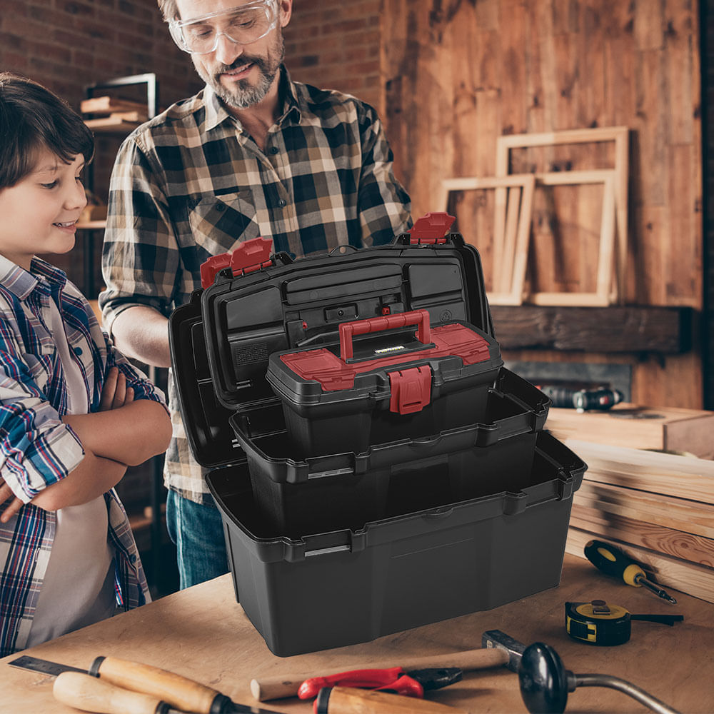 Caja Herramientas Combo 19" + 16" + 11" Apilable Cerradura Plástica Negro