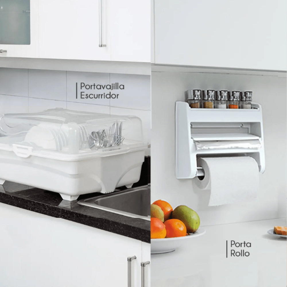 Combo Cocina Portavajilla Escurridor  Portarrollo Triple Blanco img #1