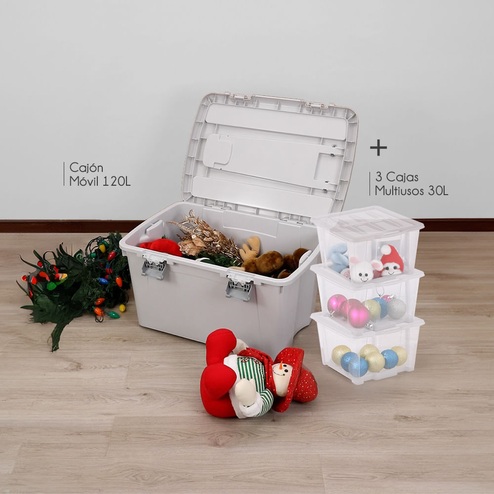 Combo organiza Todo Cajón Móvil 120 Litros   3 Cajas Apilable de 30 Litros  Gris Hielo img #1