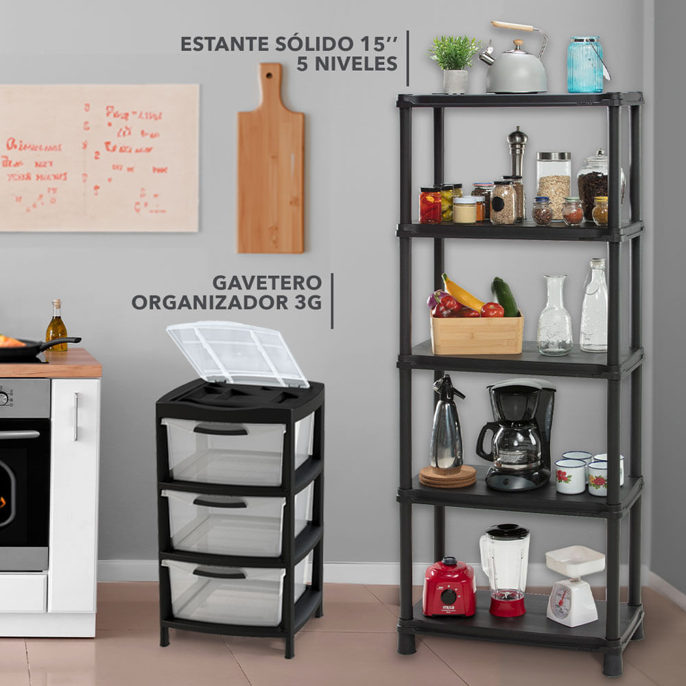 Combo Organizador Cocina 1 Estante 15" 5N  1 Gavetero Organizador 3G Negro img #1