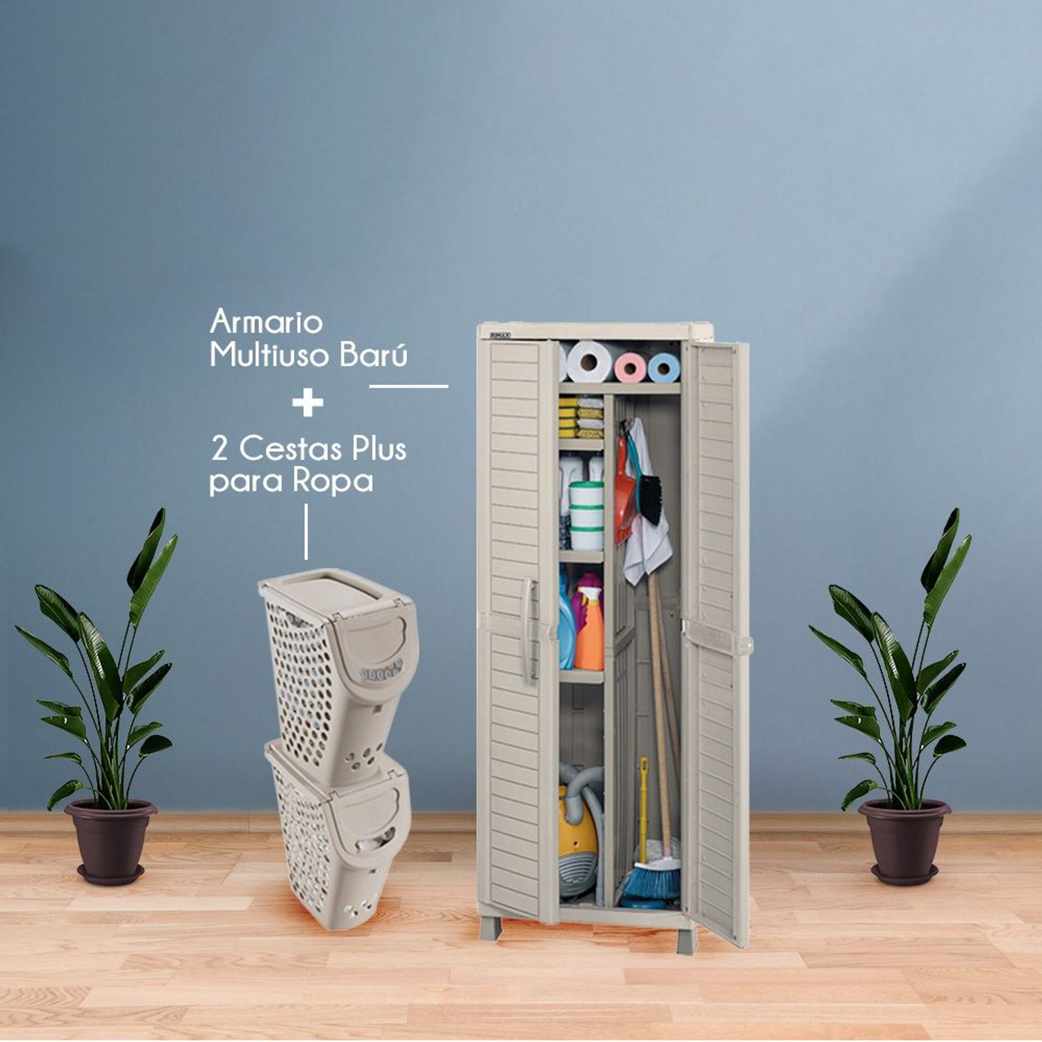 Combo Organizador Zona de Ropas Armario Multiusos Barú  2 Cesta Plus Para Ropa Taupe img #1