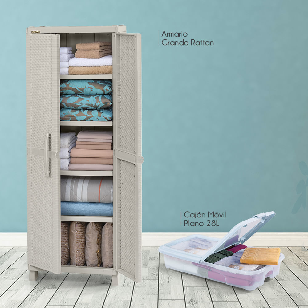 Combo Organizador Rattan Armario Grande  Cajón Móvil Plano 28 Litros Taupe img #1