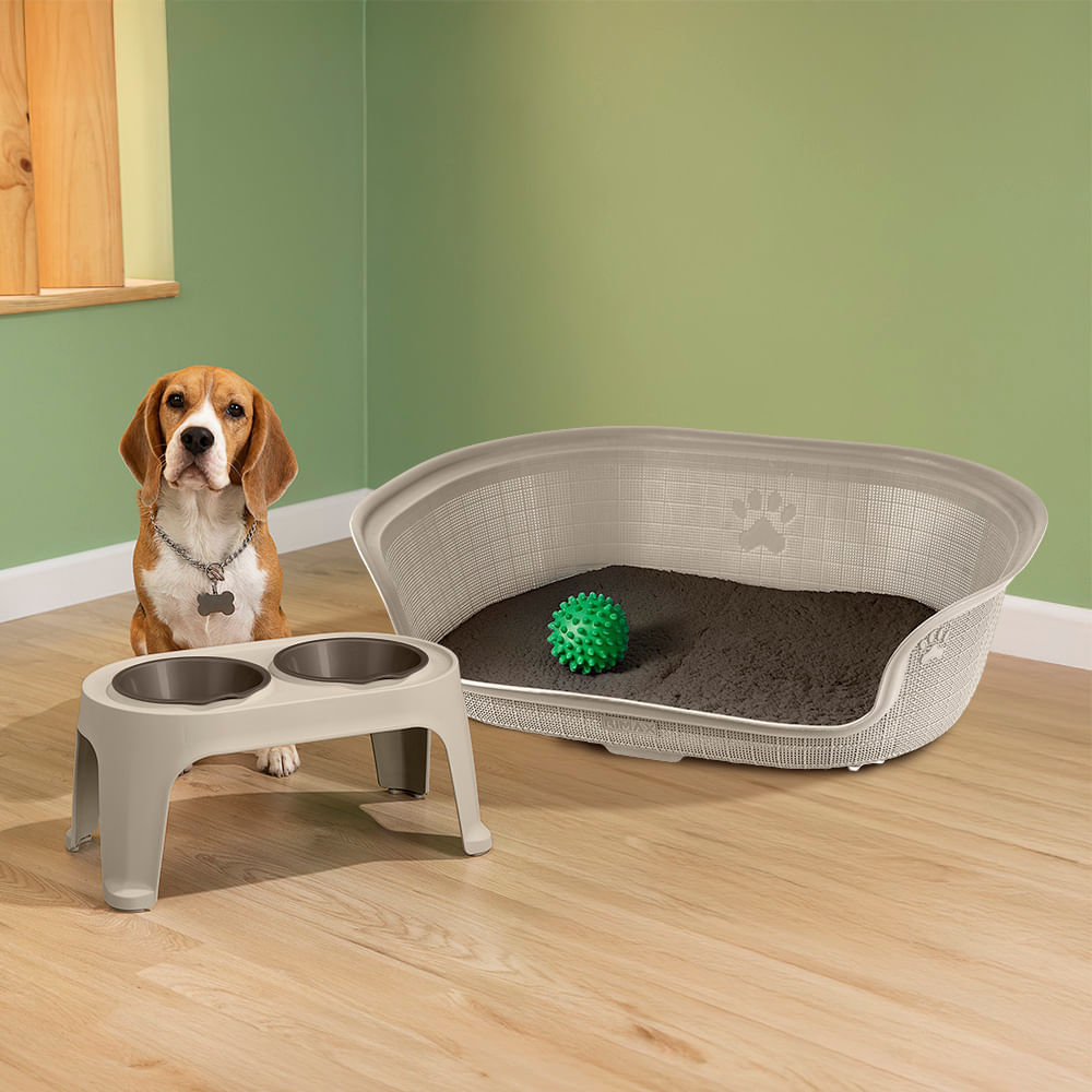 Combo Mascota Comedero Alto para Perro Medium  Cama Taupe img #1
