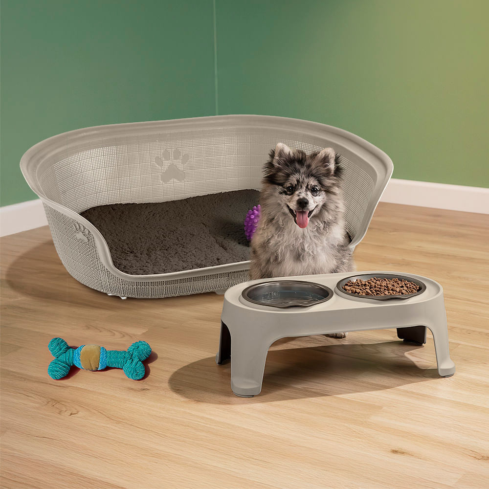 Combo Mascota Comedero Alto para Perro Small  Cama Taupe img #1