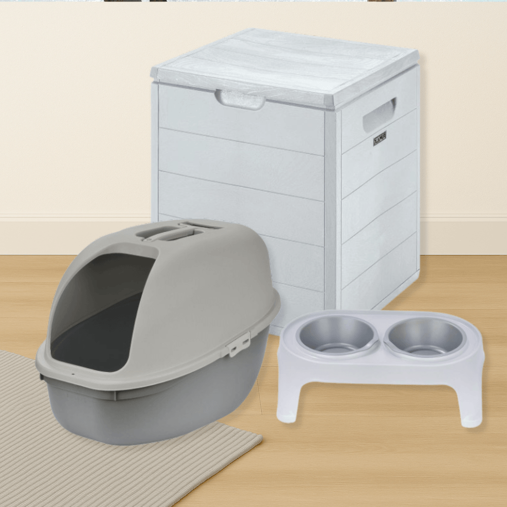 Combo Mascota Gatos Arenero  Comedero Alto Medium Baúl 100 Lt Barú Gris img #1