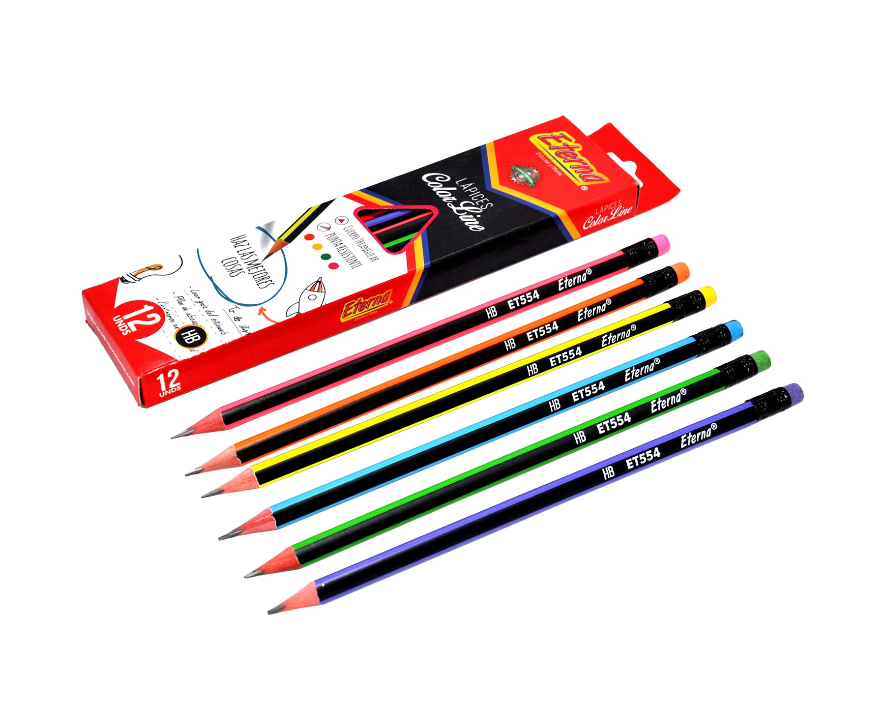 Lápiz Negro HB Cuerpo Rayas Neón x 12  Eterna img #2