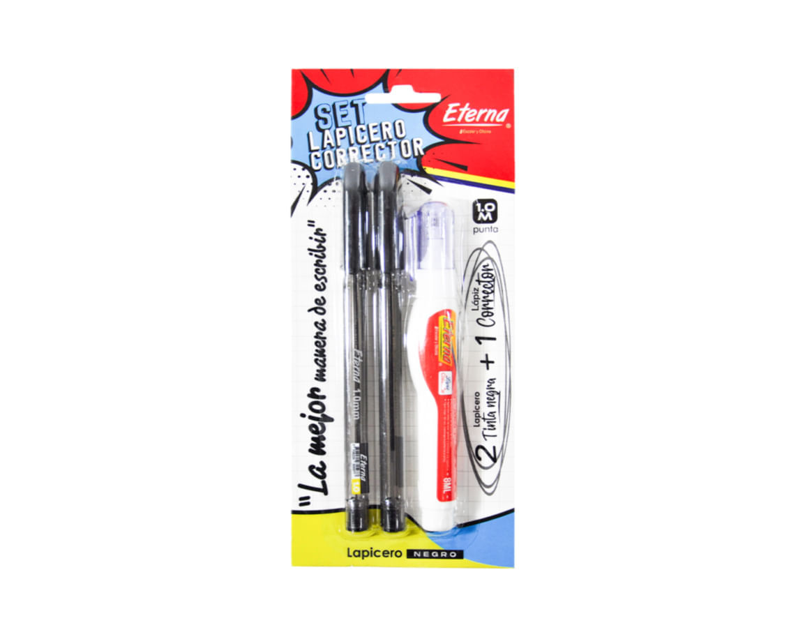 Set Lapiceros Negro 1.0 mm x 2 + Corrector Eterna img #1