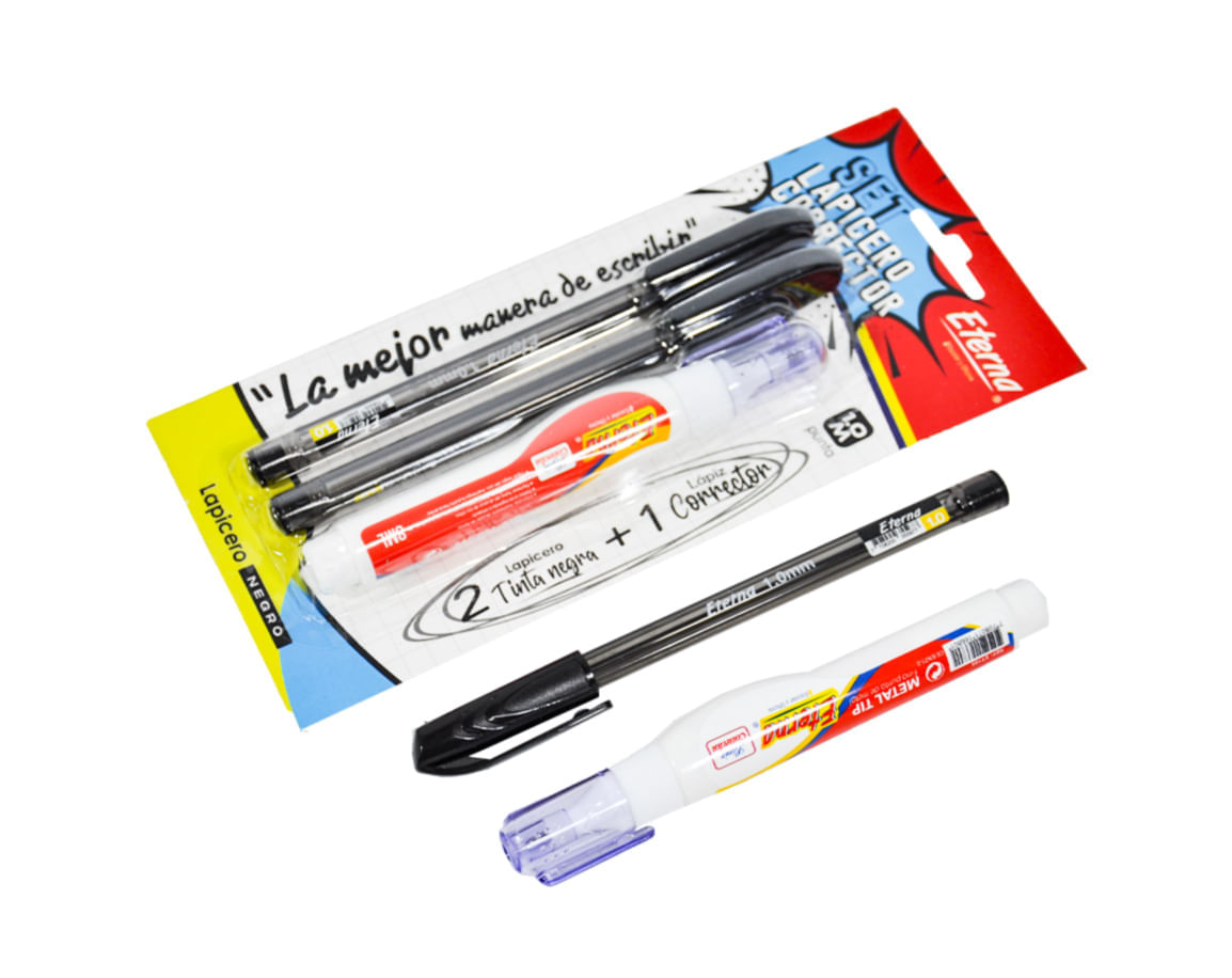 Set Lapiceros Negro 1.0 mm x 2 + Corrector Eterna img #2
