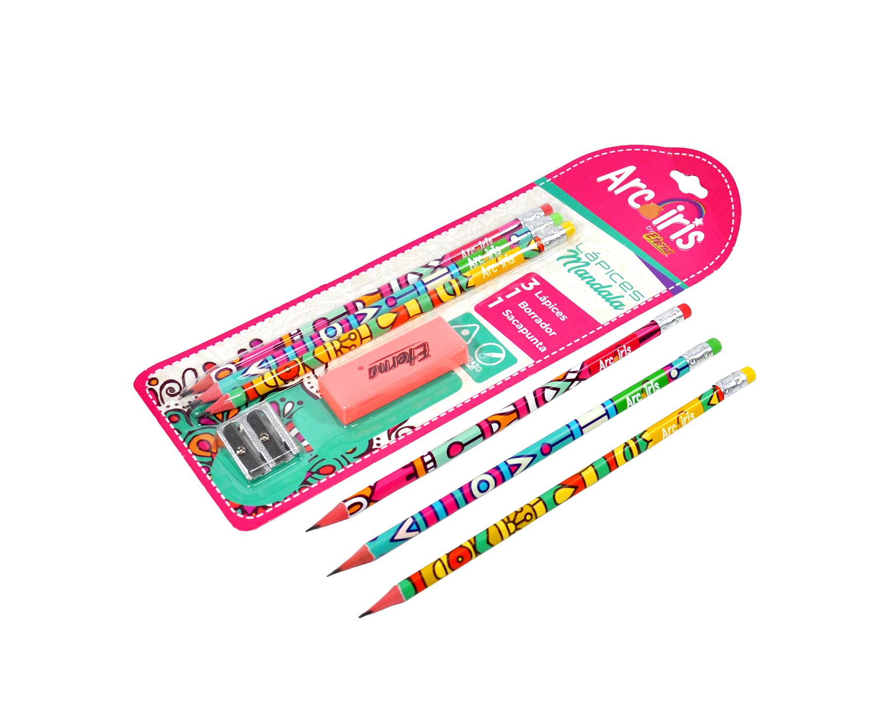 Set Lápices Mandala x 3 + borrador y sacapuntas Arcoíris img #2