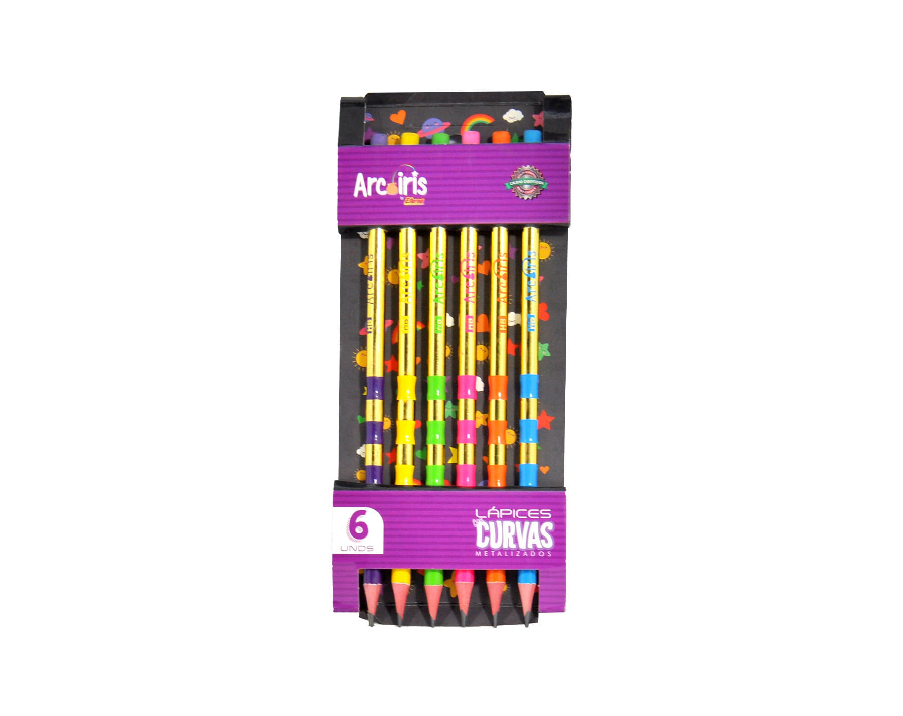 Lápices Negros Cuerpo Curvas Neón con Dorado x 6  Arcoíris img #1