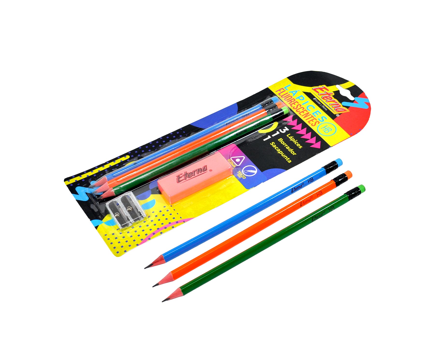 Set Lápices Fluorescentes x 3 + Borrador y  Sacapuntas Eterna img #2