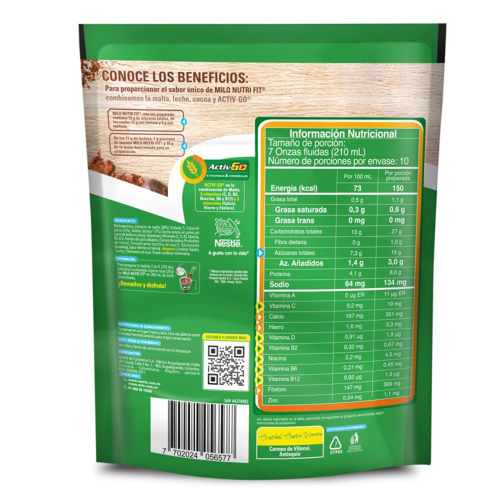 Bebida achocolatada MILO NUTRI FIT menos azúcares (200  gr) img #3