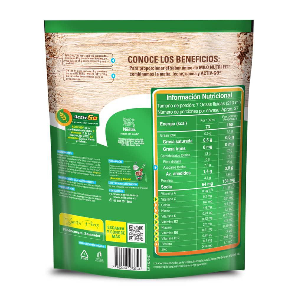 Bebida achocolatada MILO NUTRI FIT menos azúcares (750  gr) img #3