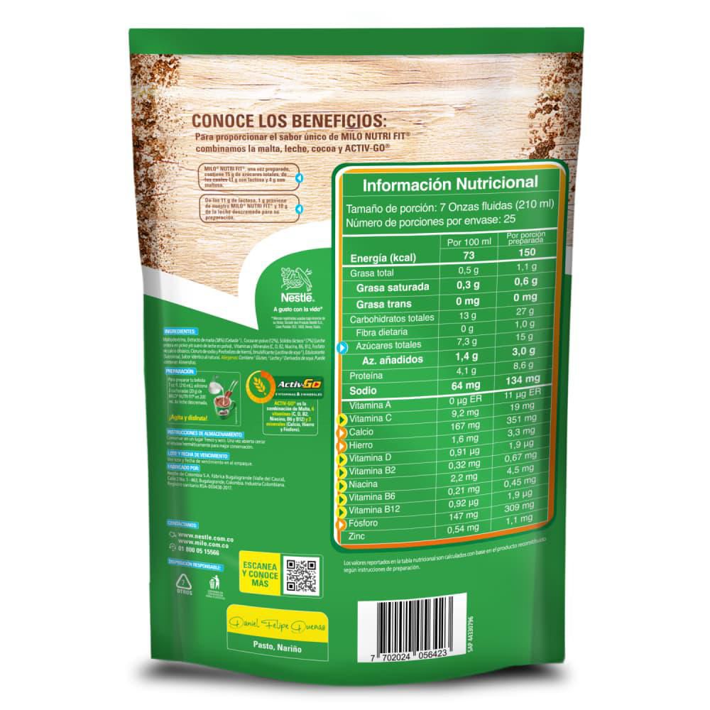 Bebida achocolatada MILO NUTRI FIT menos azúcares (500  gr) img #3