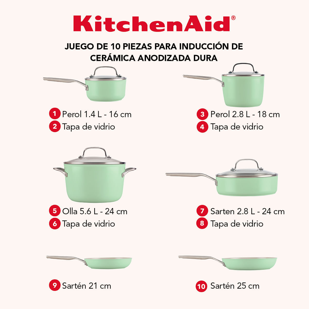 Juego de Ollas 10 pzs, Anodizado Duro, Antiadh cerámico. Inducción. color Pistachio, KitchenAid img #9