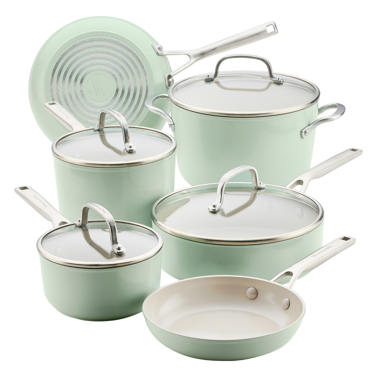 Juego de Ollas 10 pzs, Anodizado Duro, Antiadh cerámico. Inducción. color Pistachio, KitchenAid img #1
