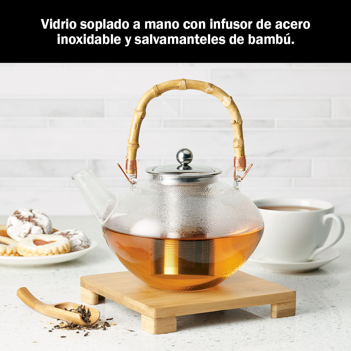Tetera Zen de vidrio soplado a mano con infusor de acero inoxidable y salvamanteles de bambú, 34 onzas/ 1L. BonJour. img #4
