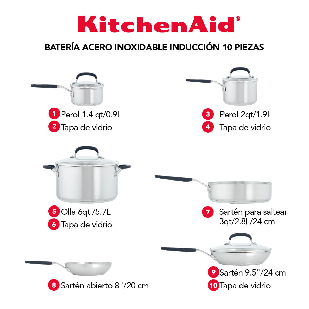 Juego de Ollas 10Pzs, acero inoxidable, placa de inducción, KitchenAid. img #5